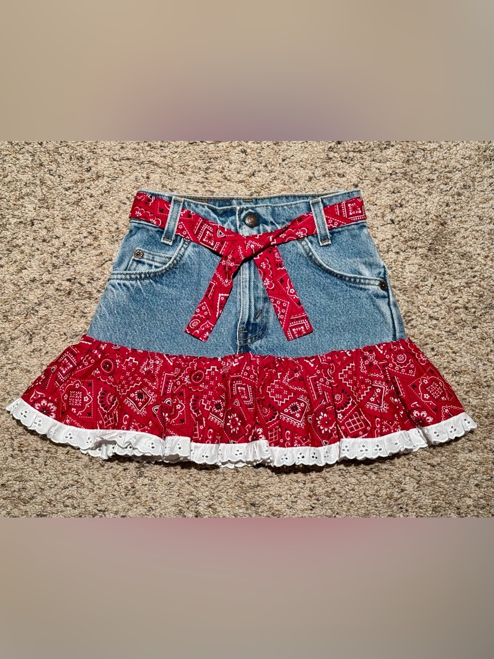 Levi’s | Kids Custom Vintage Denim Mini Skirt with Red Bandana Ruffle